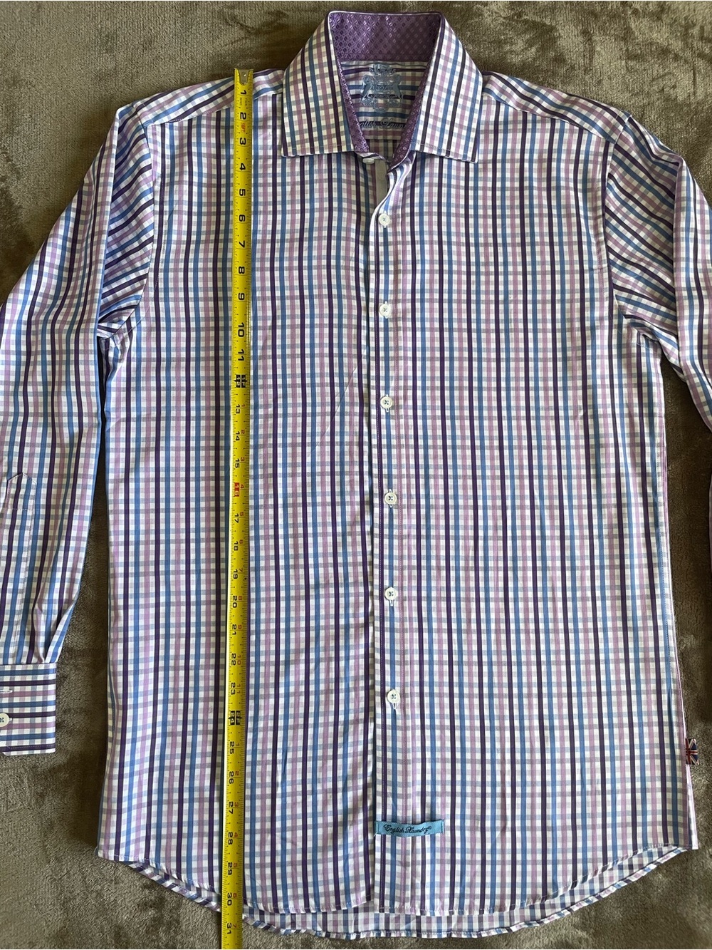 English Laundry Herringbone Plaid Dress Shirt Purple Lavender Blue Size 15 32/33 - Picture 6 of 8
